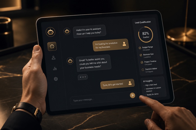 AI chatbot interface on tablet — intelligent automation that qualifies leads and books meetings.